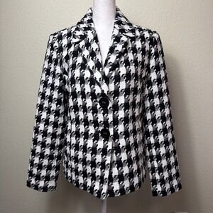 JM Collection Blazer 6 Womens Black White Houndstooth Plaid Jacket Acrylic Tweed